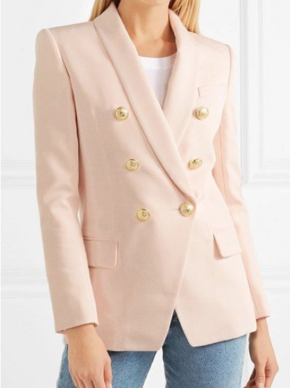 Balmain Pale Pink Beige textured Double-Breasted Blazer with Gold Buttons 36
